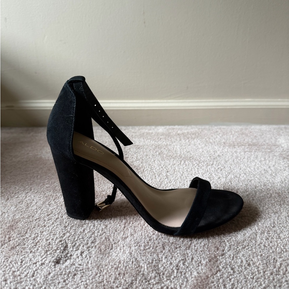 Aldo Black Suede Block Heel Ankle Strap Sandals - Picture 3 of 6